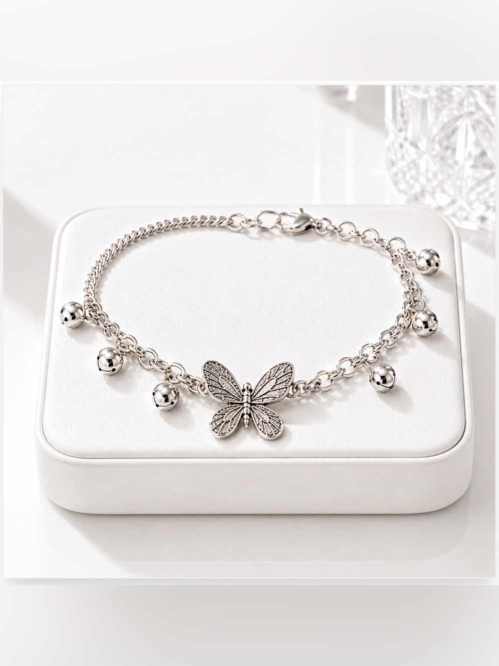 Silver Butterfly Charm Bracelet with Dangle Beads | Delicate Boho Jewelry